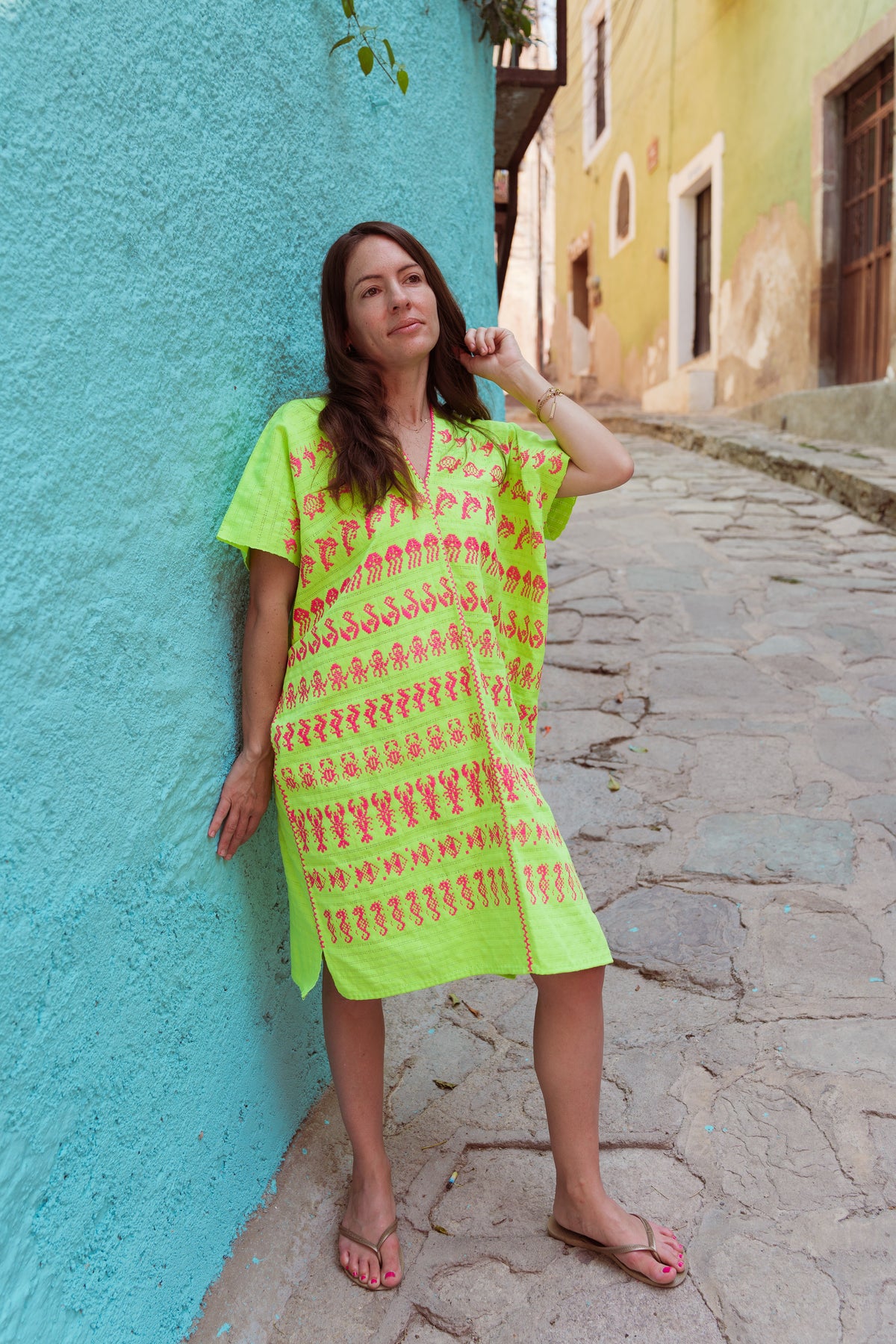 Mar y Sol Mini Caftan Yellow w Pink