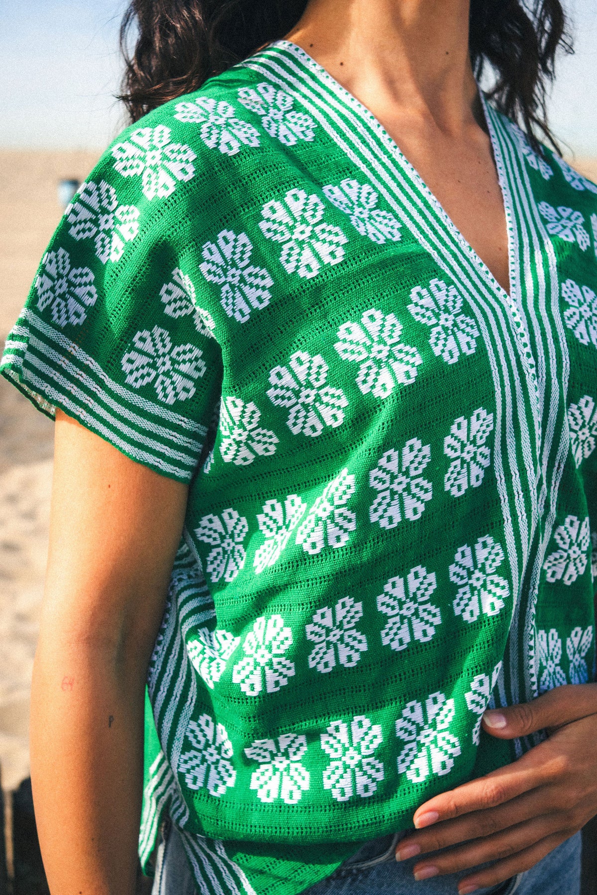 Gardenia Floral V-Neck Green + White