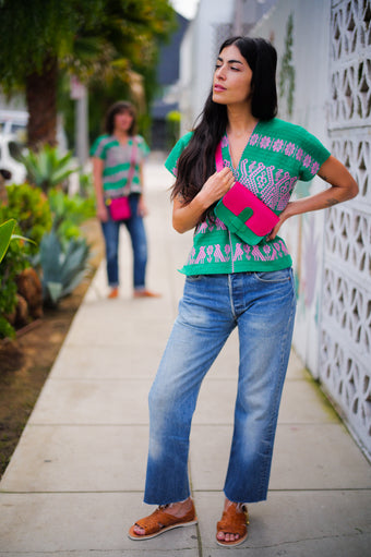Vallarta V-Neck Green + Pink