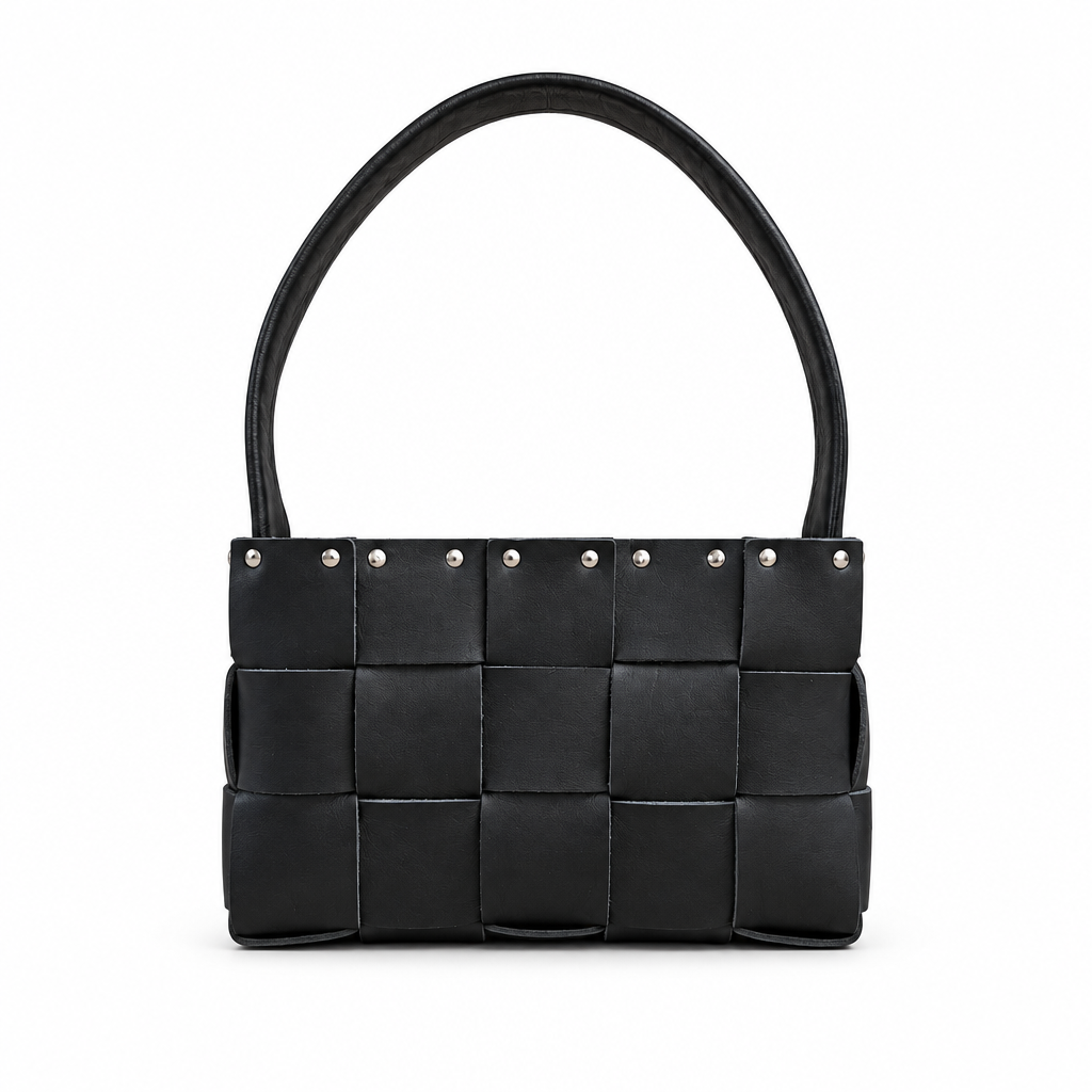Black woven handbag on a clean white background