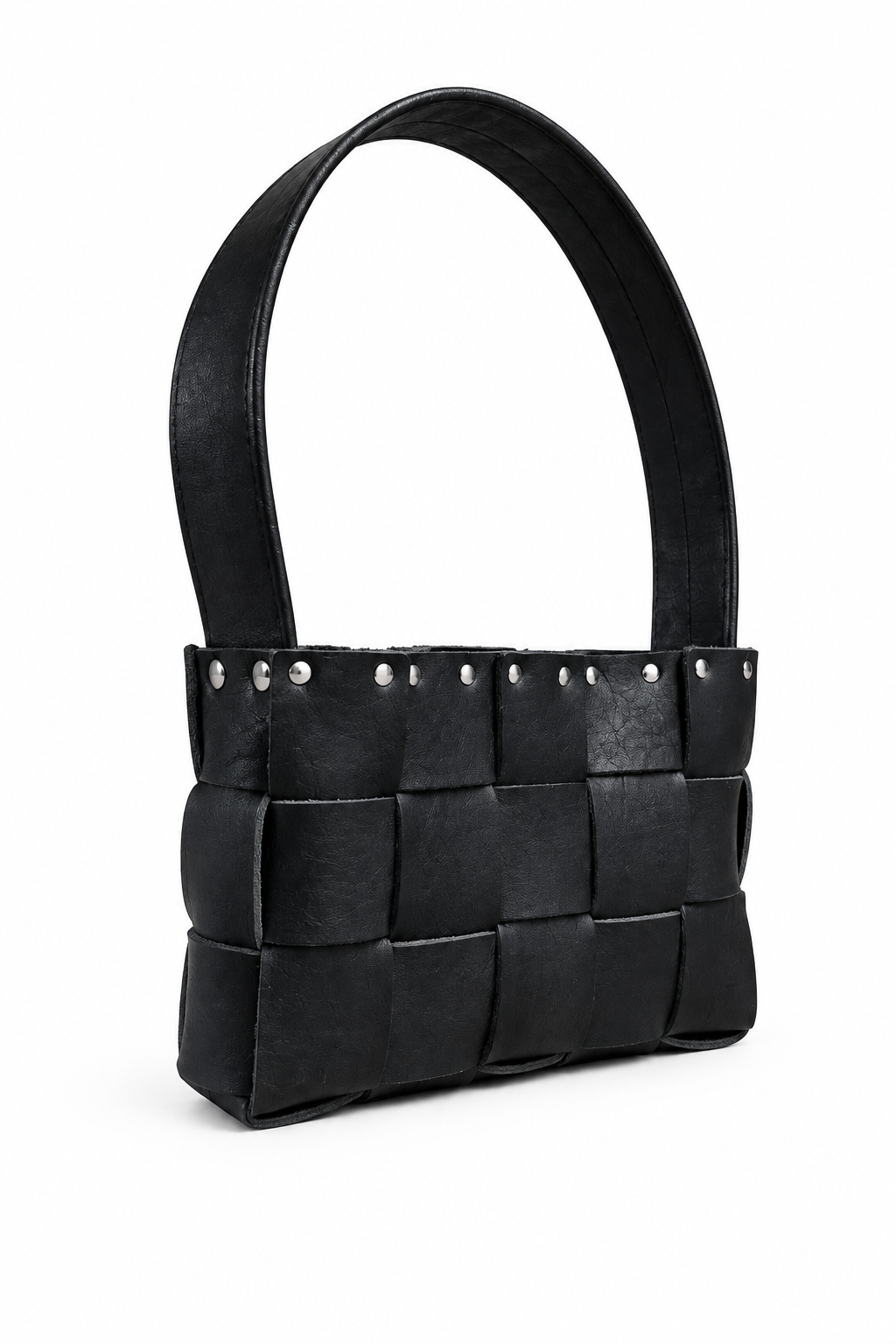 Black woven handbag on a clean white background